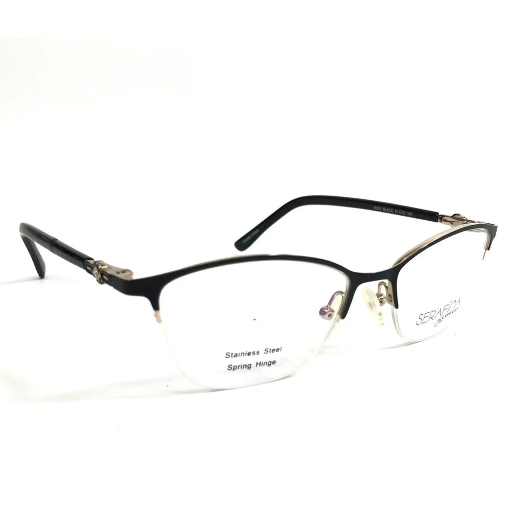 Serafina Eyewear Eyeglasses Frames ANYA BLACK Gold Cat Eye Half Rim 51-16-140